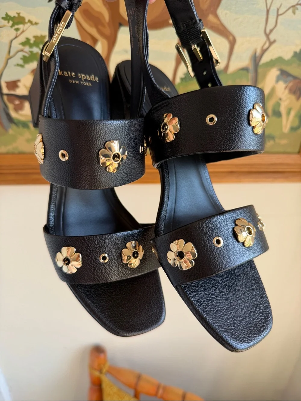 ♠️ Kate Spade Black Gold Flower Stud Block Heel 6.5 Summer Viral Slingback NWT